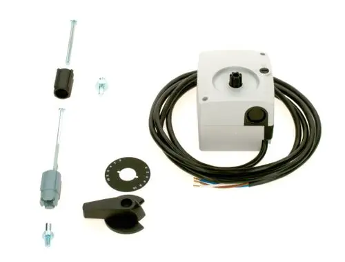 BOSCH Motor mit Kabel, Montagezubehör, einschließlich Verbindungselemente, Abdeckung und Drehknopf, auf weißem Hintergrund.